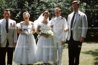 Navy Uniform, Bride & Groom, Best Man, Lady of Honor, bouquet, smiles, 1958, 1950s