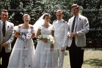 Navy Uniform, Bride & Groom, Best Man, Lady of Honor, bouquet, smiles, 1958, 1950s