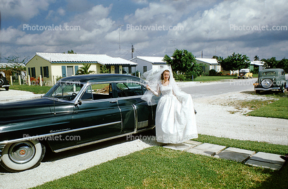 Wedding Bride, Cadillac Limousine, suburbs, 1950s