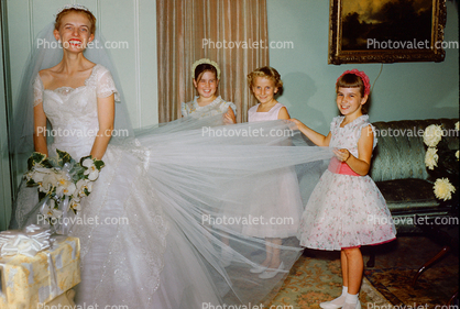 Bride, girls, dress, 1950s