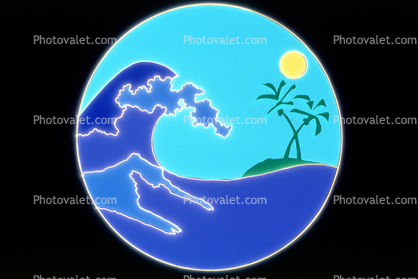 Wave, Palm Tree, Ocean, Tsunami, Sun, sky, Round, Circle, Circular, Blank Area for Titles