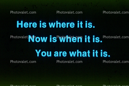 Here is where it is, Now is when it is, You are what it is