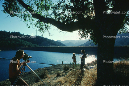 Filming for Dorothy Fadiman Film, Bon Tempe Lake, Marin County, California, 1980, 1980s