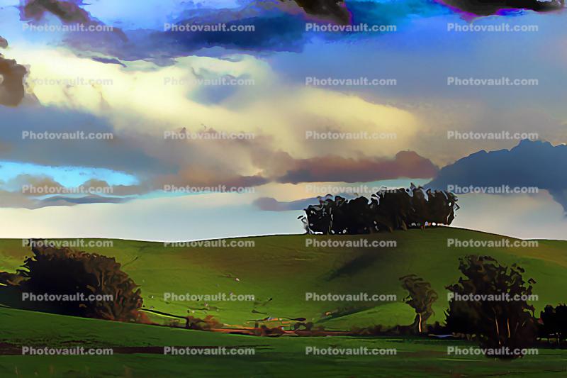 Painting of Clouds and Green Hills