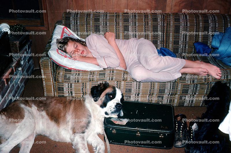 Saint Bernard, Sleeping Lady, Pajama, Funny, Pillow, Sofa, nightwear, 1960s