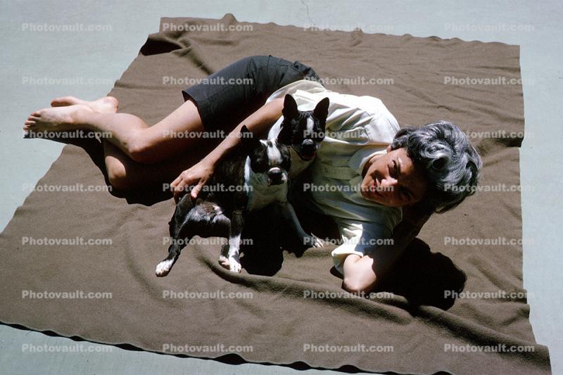 woman playing with dogs