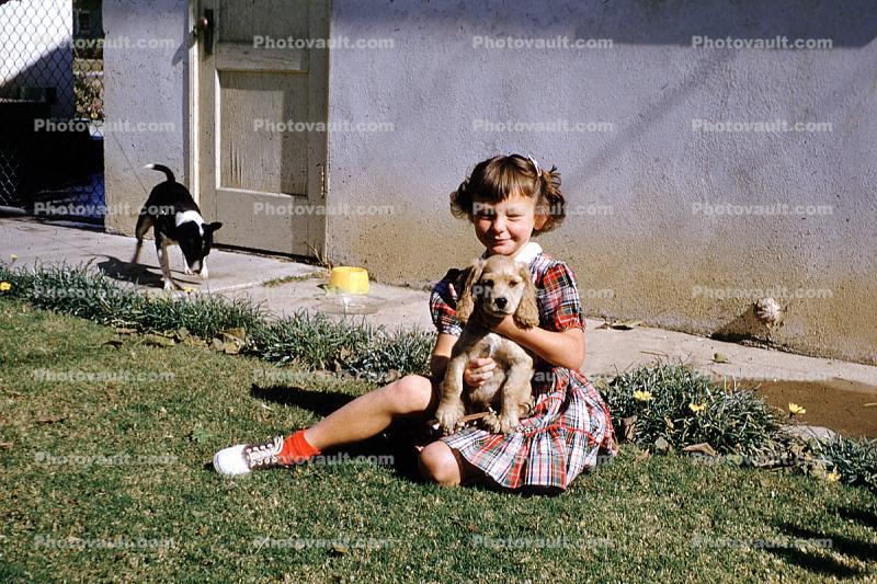 Cute Girl, Puppy, Backyard, 1950s