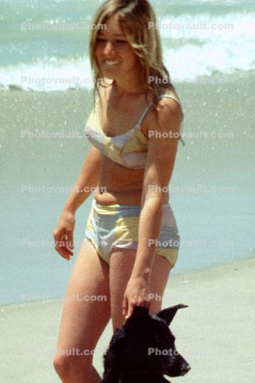 Woman, lady, swimwear, beachwear, Beach, Bikini, Ocean, Sand, 1970s