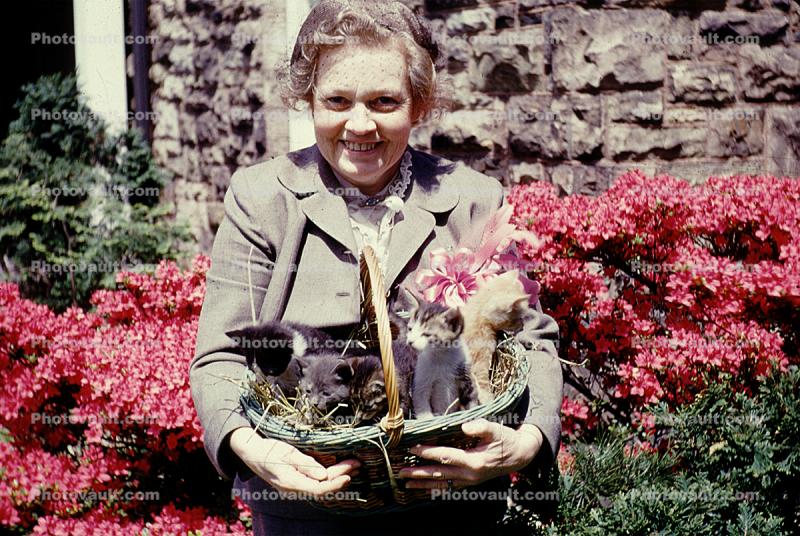 Kittens in a basket, Easter, Smiling Woman, Cute, 1940s