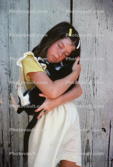 Girl, Cat, Embrace, Cute, tender, loving, close, 1960s