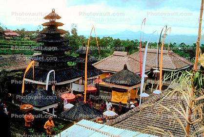 Pura Besakih, temple complex, Hindu, Hinduism, Penjors, bamboo & palm leaf flags
