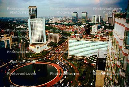 Traffic Circle, cars, Skyline, Building, Skyscraper, Downtown, smog, highrise, Jakarta Cityscape, automobile, vehicles