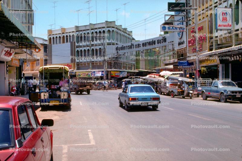 Buildings, Tores, shops, Bangkok, Car, Street, automobile, vehicles, 1960s