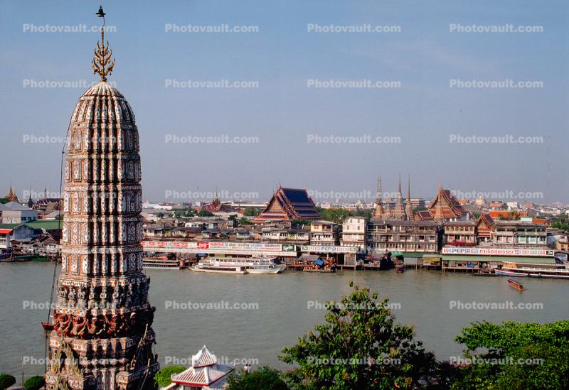 Prang, Boats, Riverside, Docks, Chao Phraya River, Bangkok