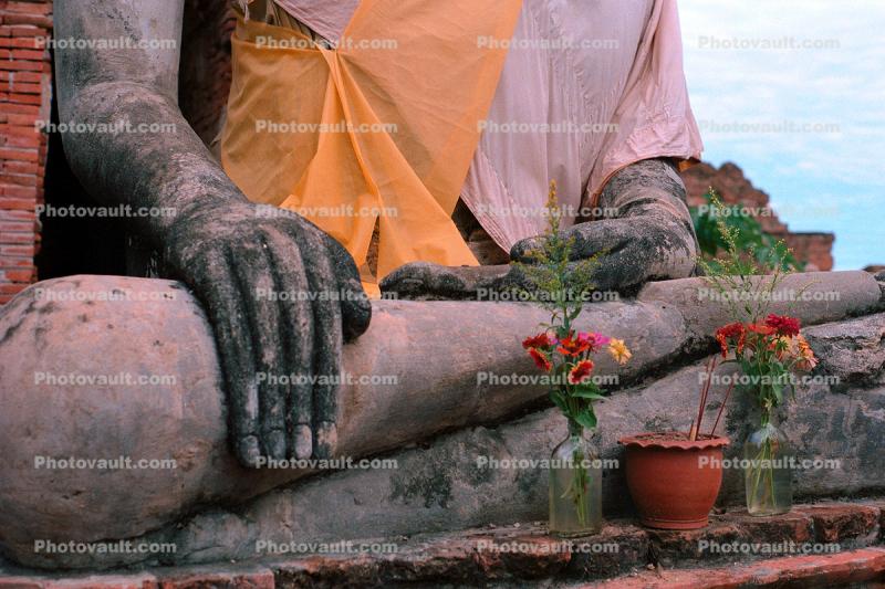 Buddha Hands, Statue, Flowers, Ayutthaya Historical Park