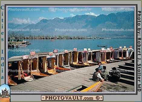 Boats, dock, lake, mountains, Srinigar, Kashmir