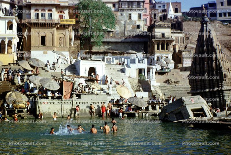 People bathing, Ganges River, Buildings, Temples, Varanasi, Benares