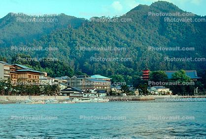 Miyajima, Harbor, buildings, mountains