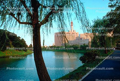 building, tower, Tokyo Metropolitan Police Department Headquarters, moat, lake, park