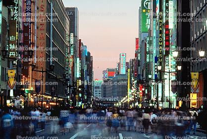 Ginza District, Tokyo, dusk, dawn, twilight, glitz