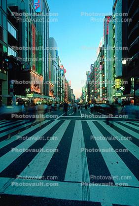 Crosswalk, Buildings, shops, highrise, night, nighttime, twilight, dusk, Ginza District, Tokyo, dawn, glitz