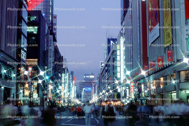 Highrise Buildings, shops, night, nighttime, Ginza District, Tokyo, dusk, dawn, twilight, glitz