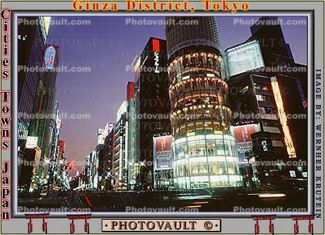 Buildings, shops, highrise, night, nighttime, twilight, dusk, Ginza District, Tokyo, dawn, glitz