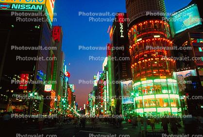 Buildings, shops, highrise, night, nighttime, twilight, dusk, Ginza District, Tokyo