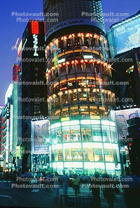 Buildings, shops, highrise, night, nighttime, twilight, dusk, Ginza District, Tokyo