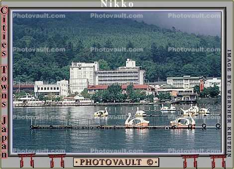 Hotel, Lake, Geese, Docks, buildings, skyline, Nikko