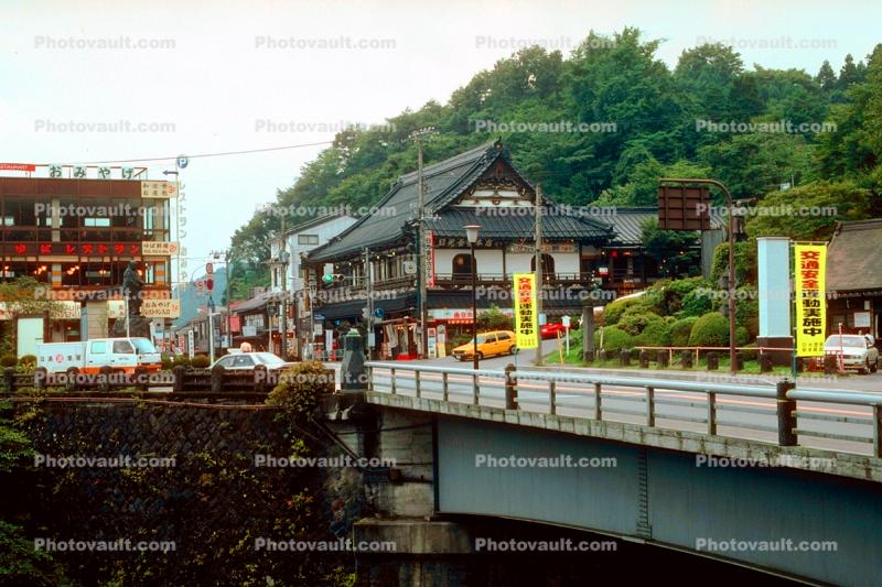 Buildings, cars, forest, Nikko