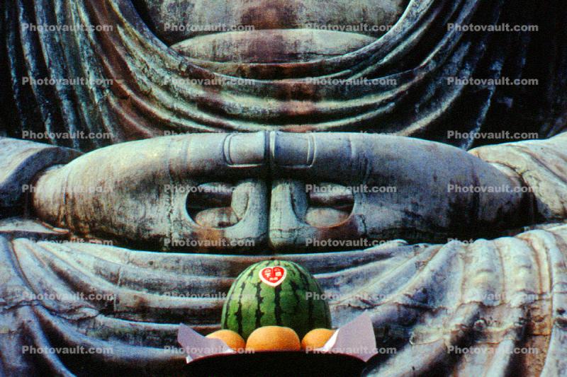 food offerings, Water melon, The Buddha at Kamakura, Kanagawa Prefecture, Japan, Offerings, Statue