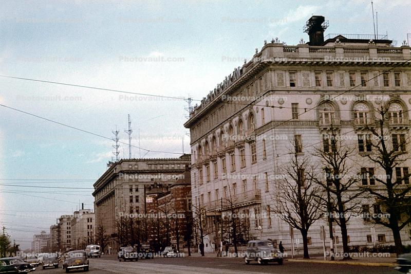Buildings, cars, 1950s