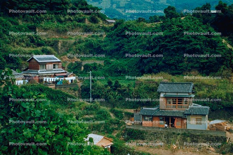 Homes, houses, buildings, mountains, Sasebo Saga, 1950s