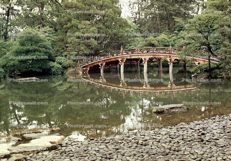 Gardens, Taiko arch bridge, pond, water, rocks, trees, reflection, lake
