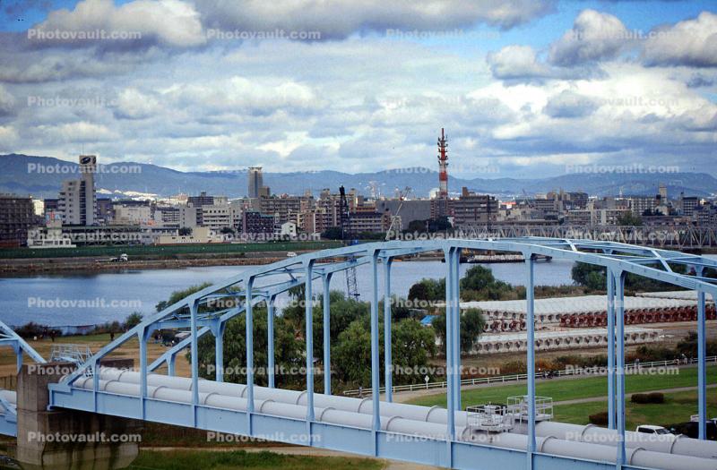 Osaka, Pipeline Bridge, arch, skyline, river
