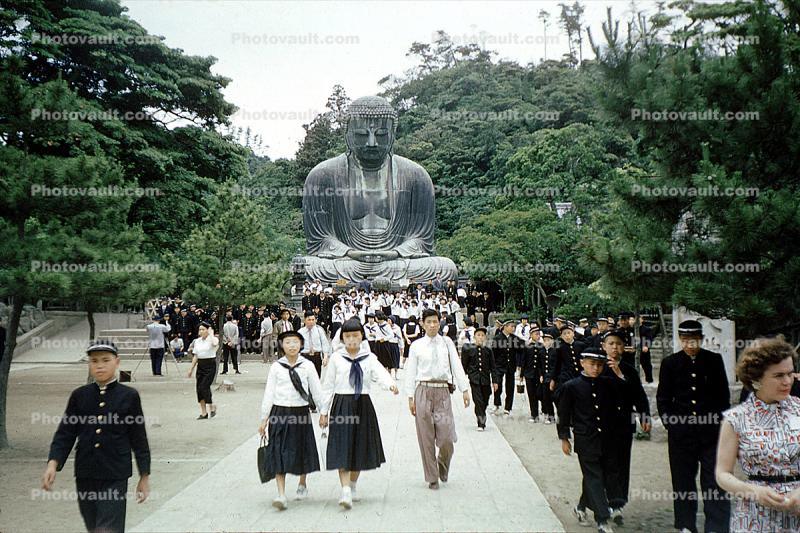 Buddha, vintage, schoolgirl, schoolboy, female, male, uniforms, trees, Kamakura, 1960s