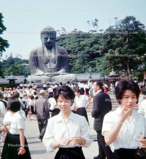 The Buddha at Kamakura, Schoolgirls, Kanagawa Prefecture, Japan, Statue, August 1964, 1960s