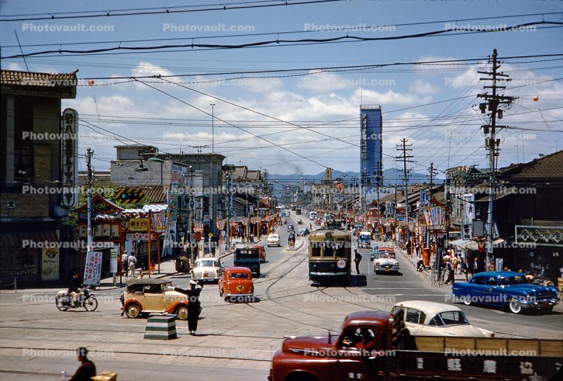Cars, Trolley, buildings, truck, 1950s, billboards