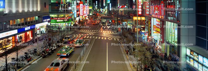 Shops, Stores, Cars, Neon Lights, Street Scene, Tokyo Panorama