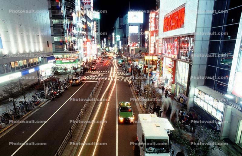 Ginza District, Cars, Neon Lights, Street Scene