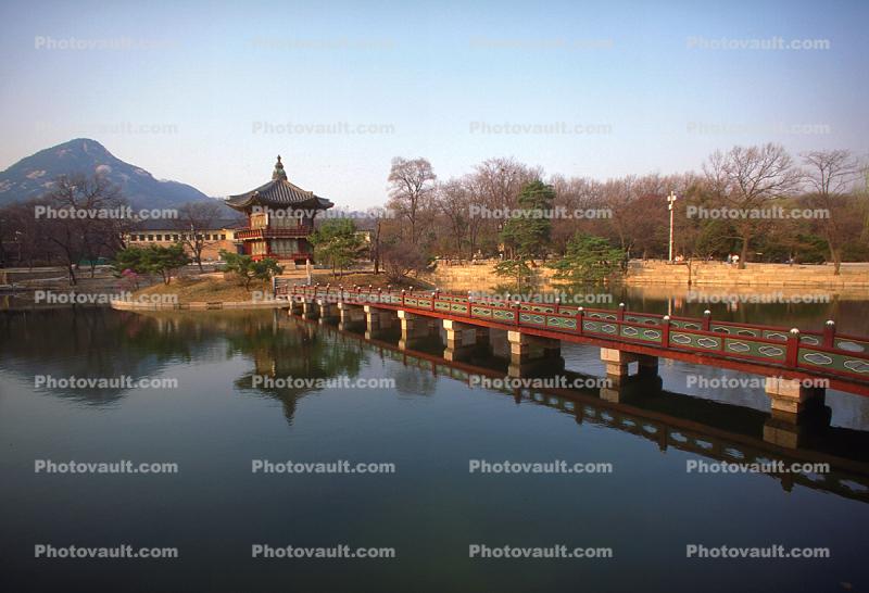 Gyeongbok Palace Pagoda, FootBridge, building, Lake, reflection, trees, river, water, Sacred Place