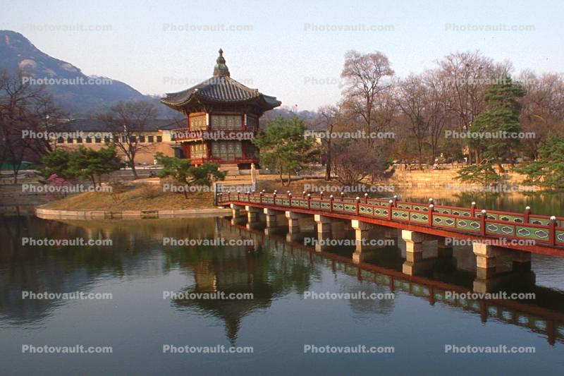 Gyeongbok Palace Pagoda, FootBridge, building, Lake, reflection, trees, river, water, Sacred Place