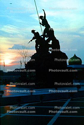 statue, art, artform, soldiers, sunset, memorial, landmark, sculpture, army