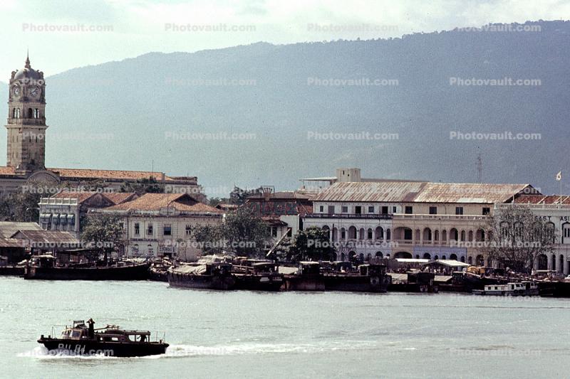 Boat, Clock Tower, Buildings, skyline, waterfront, docks Penang