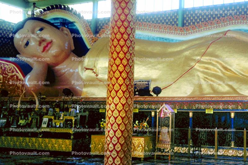 Reclining Buddha, golden statue, Wat Chayamang Kalaram temple, Penang, 1950s