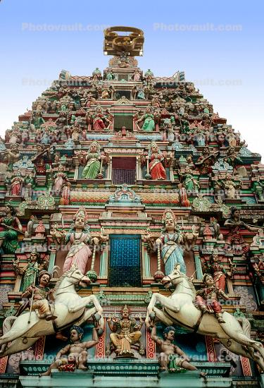 Horses, Sri Mahamariamman Temple's, ornate tower , opulant