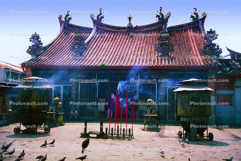 Giant pink joss sticks burning, Devotional incense sticks burning, Censer, Incense Burner, Koro, Buddhism, Goddess of Mercy Chinese temple Kuan Yin Teng, Georgetown, Penang