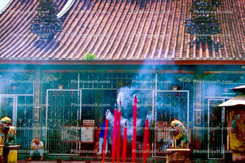 Devotional incense sticks burning, Giant pink joss sticks burning, Goddess of Mercy Chinese temple Kuan Yin Teng, Georgetown, Penang