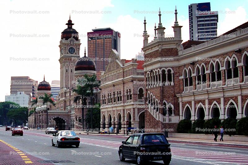 Sultan Abdul Samad Building, clock tower, street, cars, landmark, minarets, automobile, vehicles